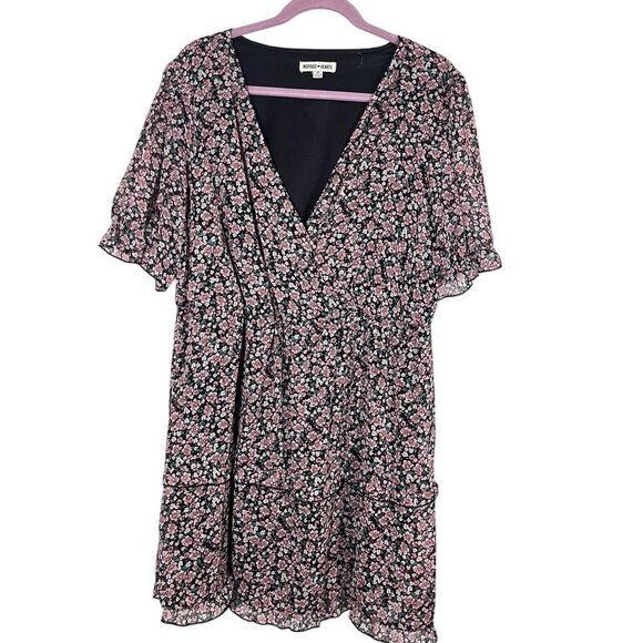 Floral Boho Mini Dress Black 1X Country Romantic Flowy Hippie Colorful Tiered - Picture 1 of 11